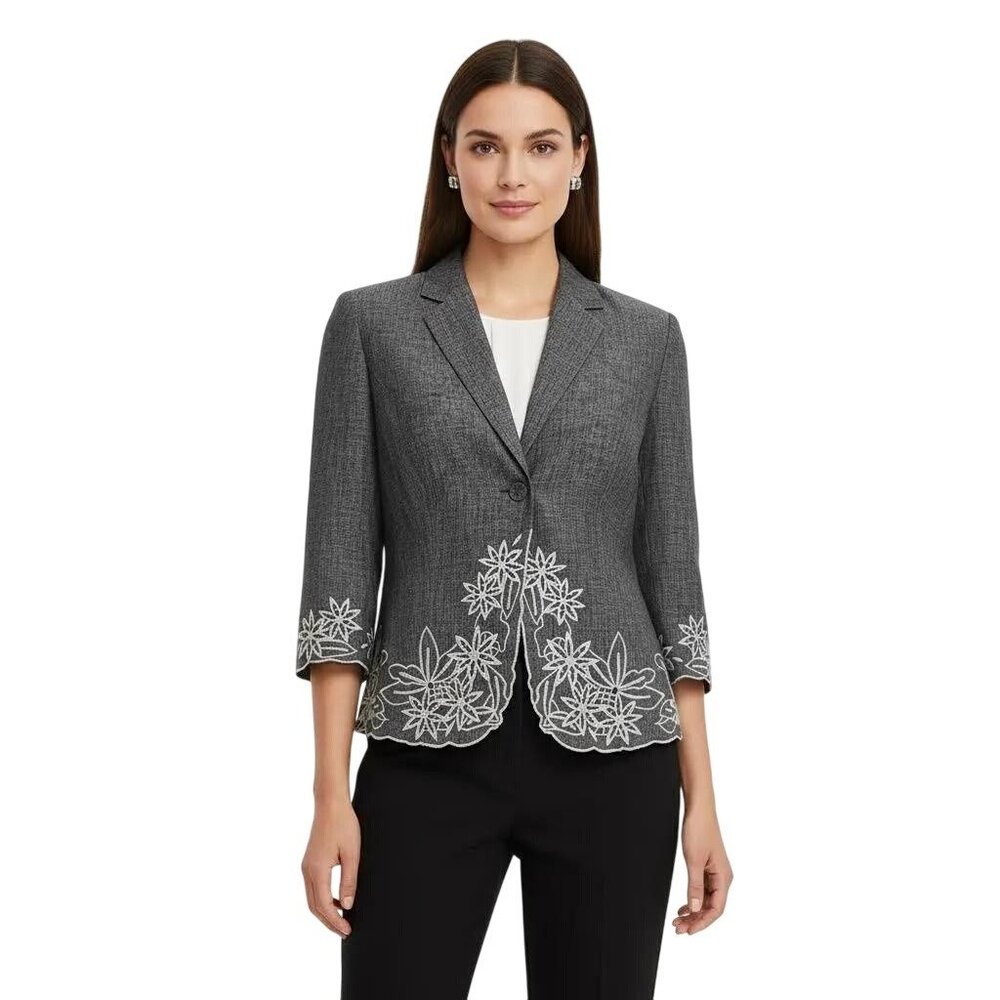 Peck & Peck Women's‎ Gray 100% Linen Floral Embroidered Blazer Jacket Size 8